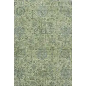Photo of Artichoke Green And Gray Damask Washable Area Rug With UV Protection
