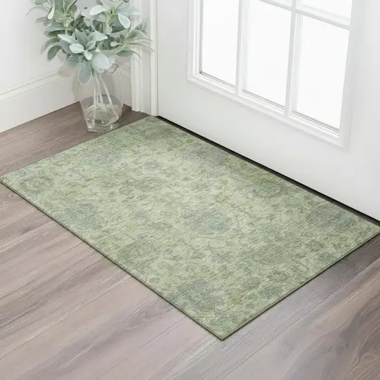 Artichoke Green And Gray Damask Washable Area Rug With UV Protection Photo 2
