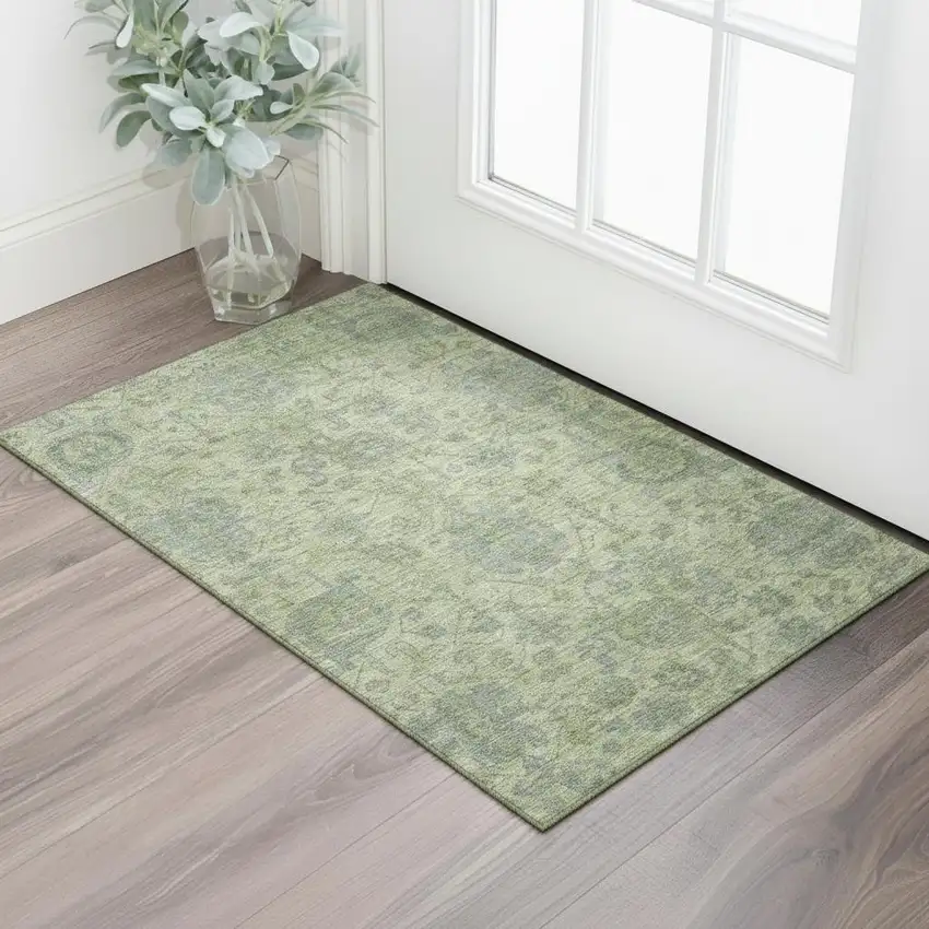 Artichoke Green And Gray Damask Washable Area Rug With UV Protection Photo 2