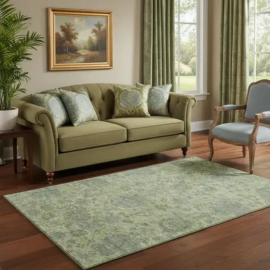 Artichoke Green And Gray Damask Washable Area Rug With UV Protection Photo 2