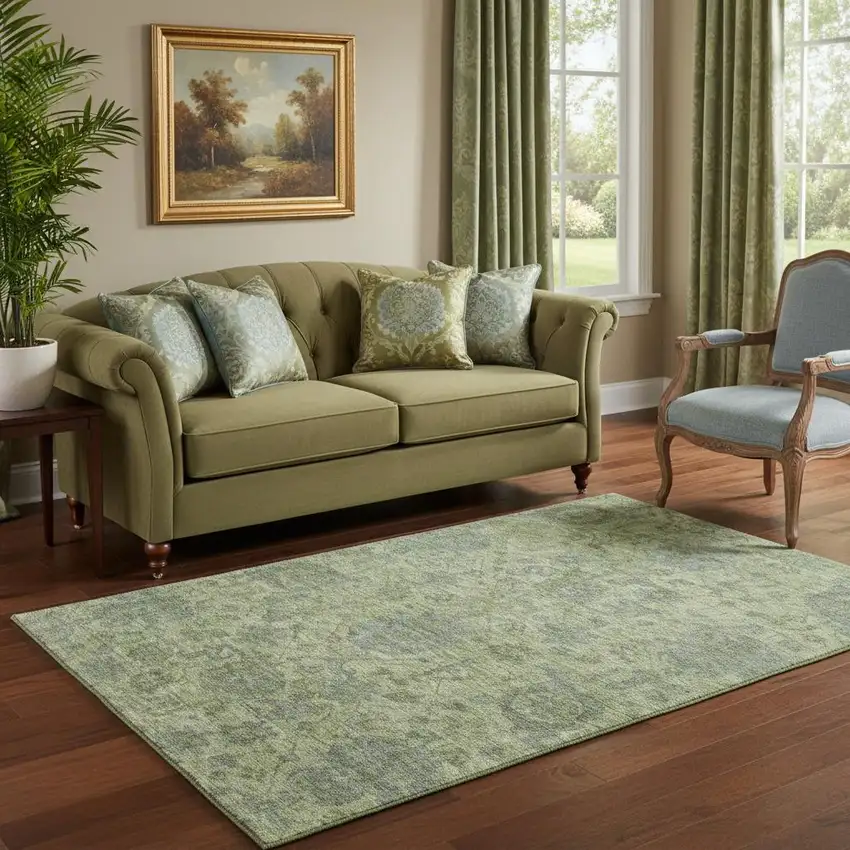 Artichoke Green And Gray Damask Washable Area Rug With UV Protection Photo 2