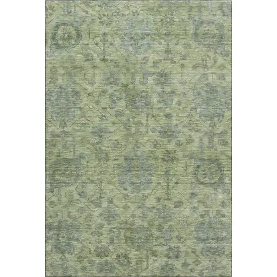 Artichoke Green And Gray Damask Washable Area Rug With UV Protection Photo 1