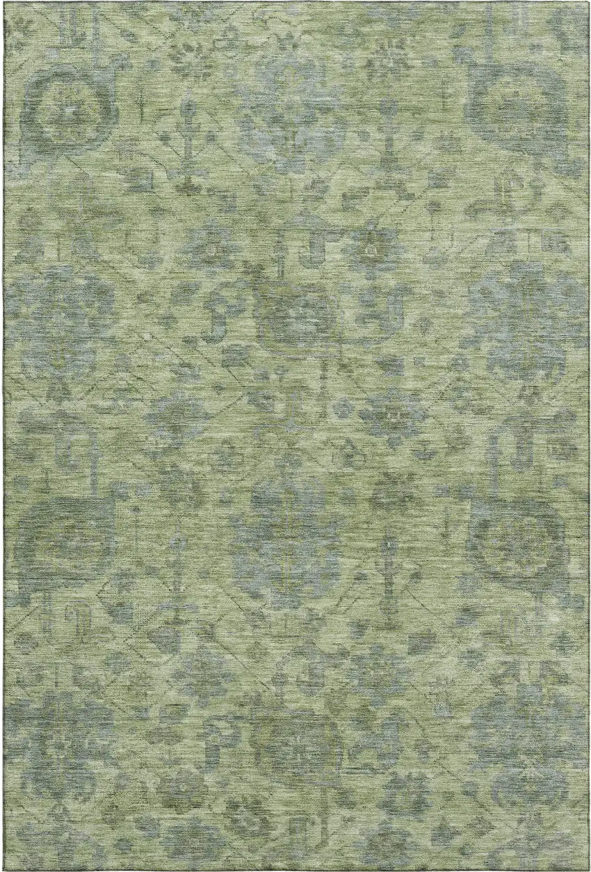 Artichoke Green And Gray Damask Washable Area Rug With UV Protection Photo 1