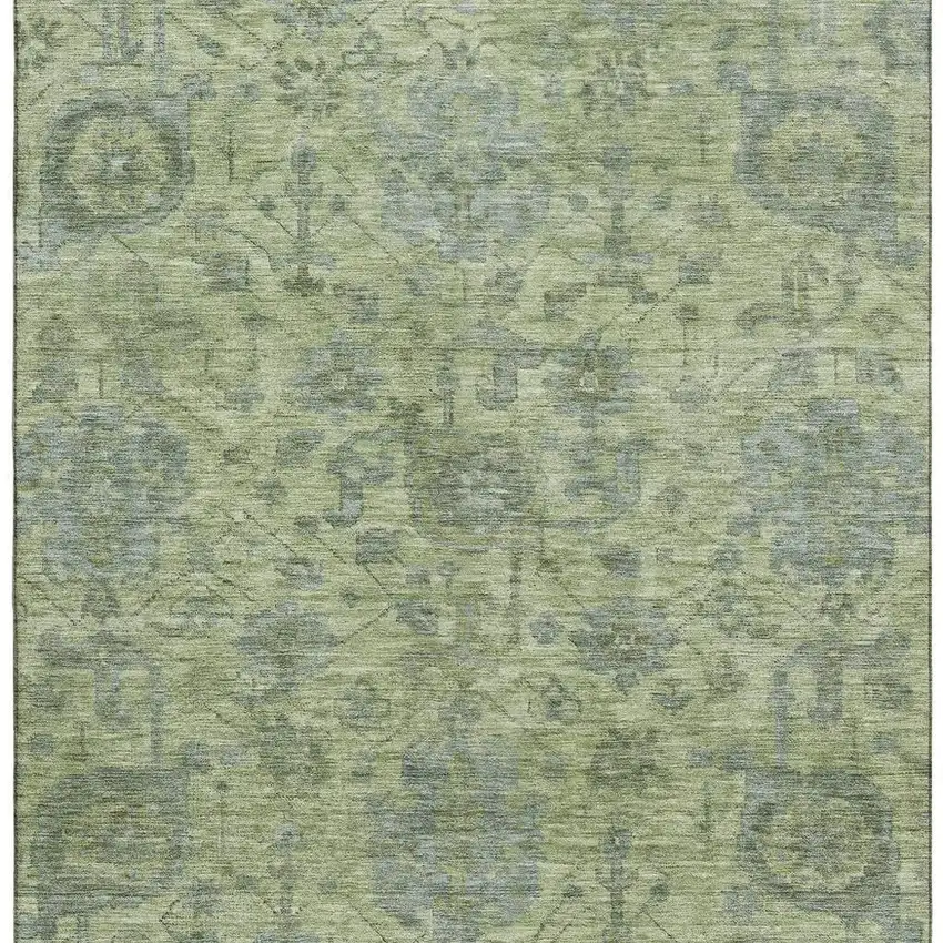 Artichoke Green And Gray Damask Washable Area Rug With UV Protection Photo 3
