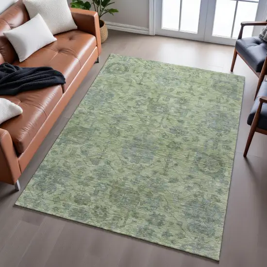 Artichoke Green And Gray Damask Washable Area Rug With UV Protection Photo 5