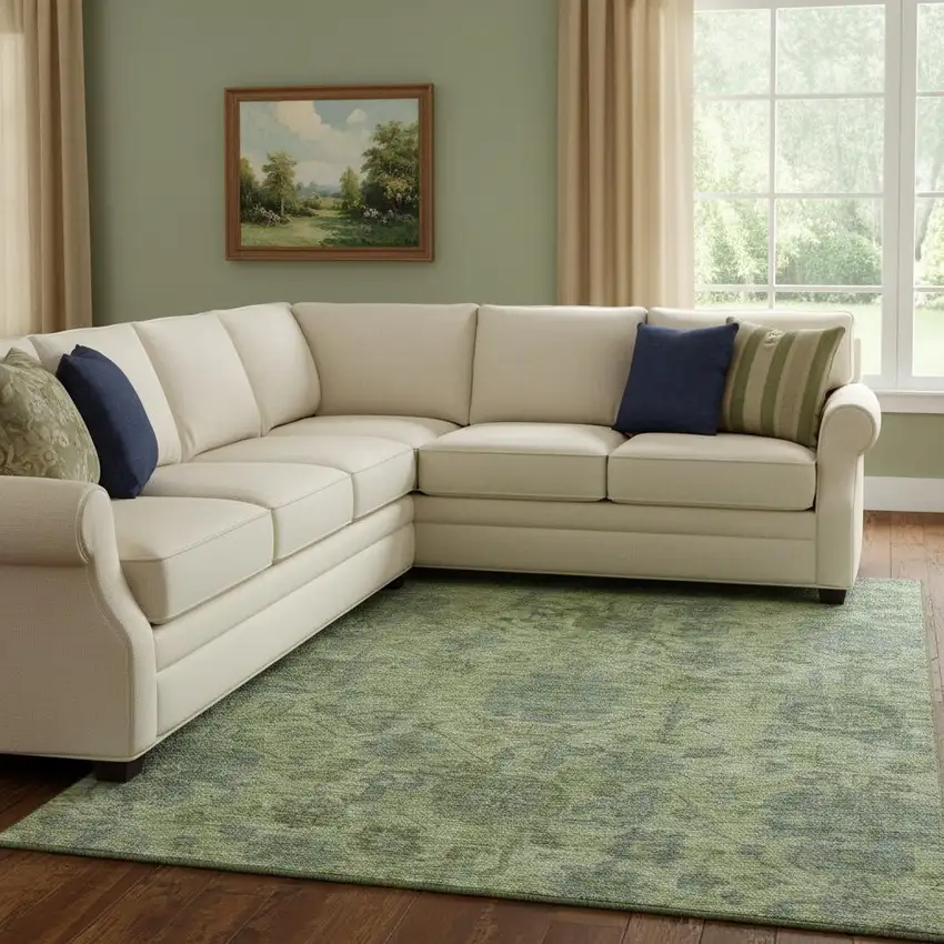 Artichoke Green And Gray Damask Washable Area Rug With UV Protection Photo 2