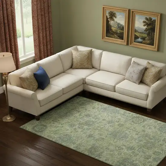 Artichoke Green And Gray Damask Washable Area Rug With UV Protection Photo 2