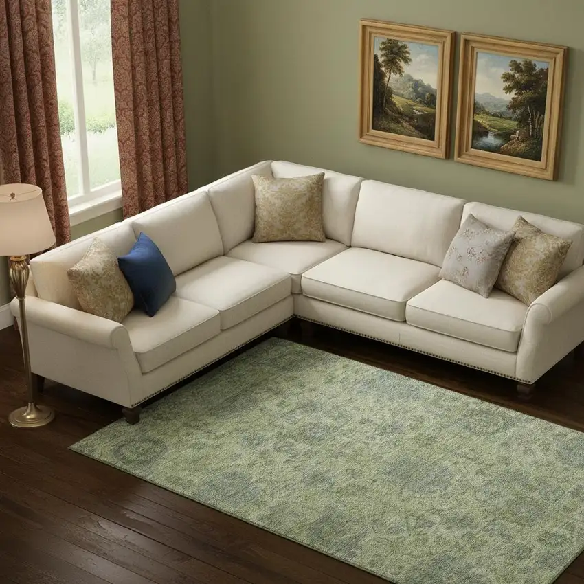 Artichoke Green And Gray Damask Washable Area Rug With UV Protection Photo 2