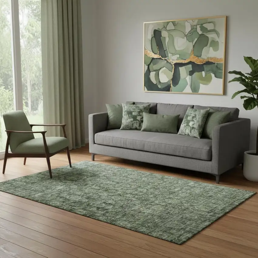 Artichoke Green And Gray Damask Washable Area Rug With UV Protection Photo 2