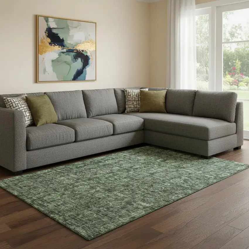 Artichoke Green And Gray Damask Washable Area Rug With UV Protection Photo 2