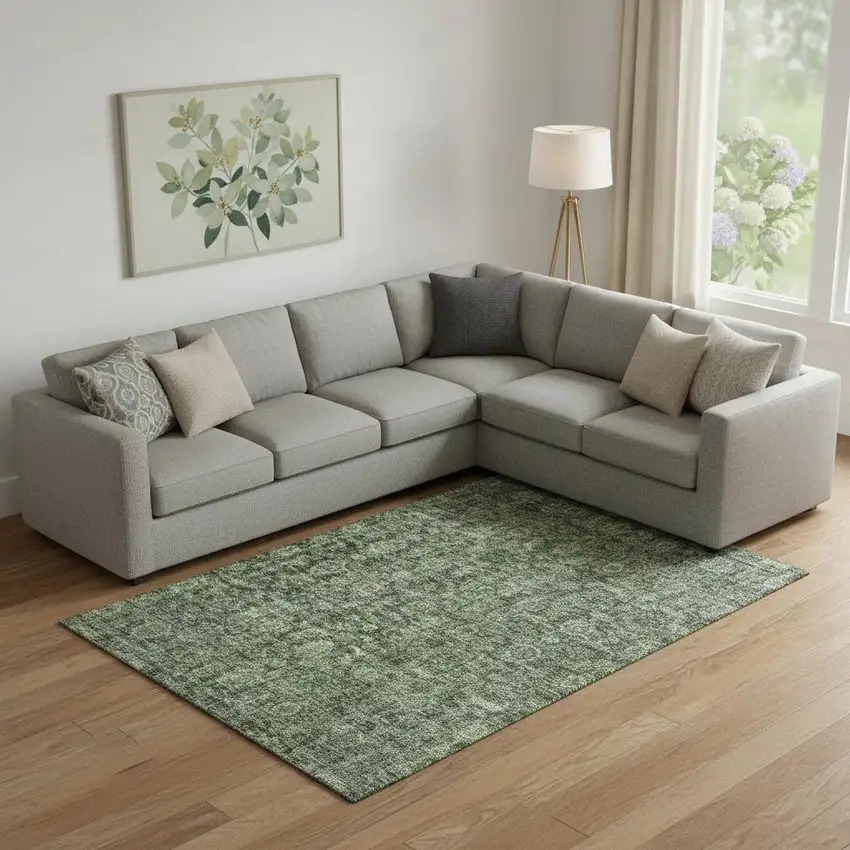 Artichoke Green And Gray Damask Washable Area Rug With UV Protection Photo 2