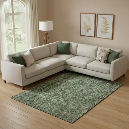 Artichoke Green And Gray Damask Washable Area Rug With UV Protection Photo 2