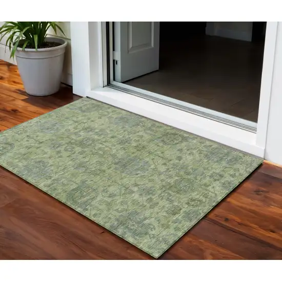 Artichoke Green And Gray Damask Washable Indoor Outdoor Area Rug Photo 1