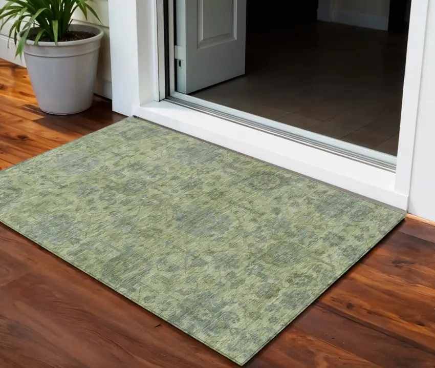 Artichoke Green And Gray Damask Washable Indoor Outdoor Area Rug Photo 1