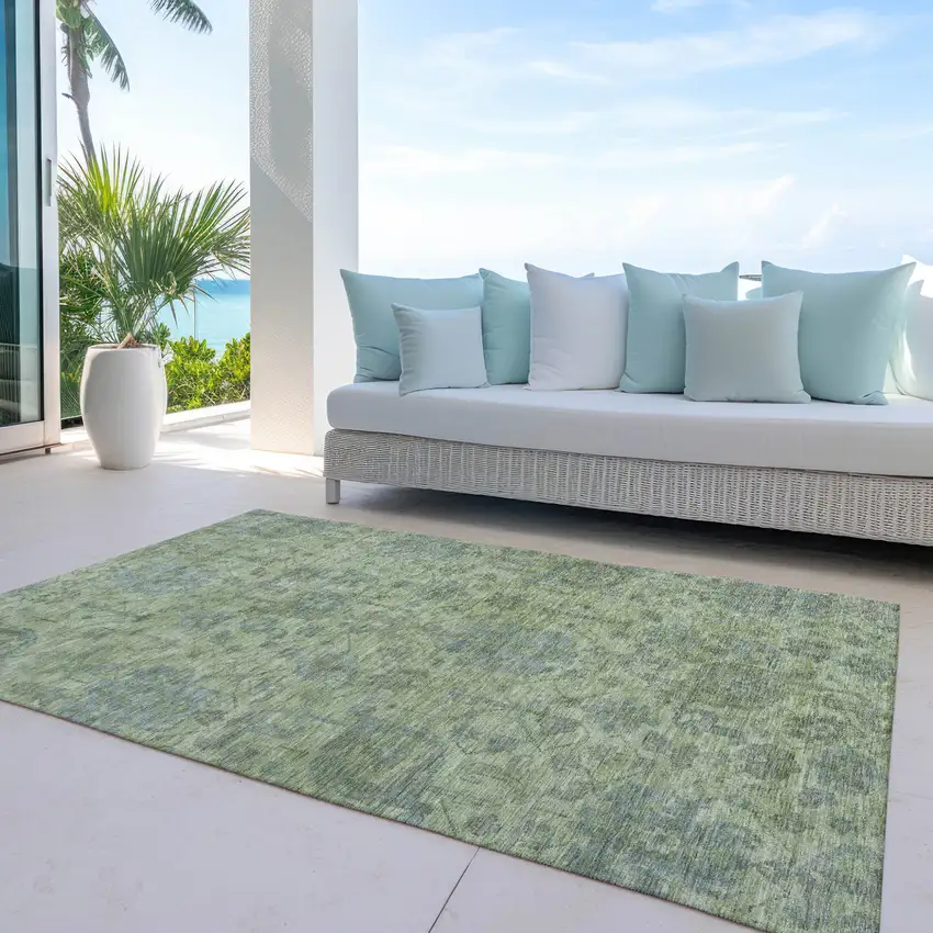 Artichoke Green And Gray Damask Washable Indoor Outdoor Area Rug Photo 6