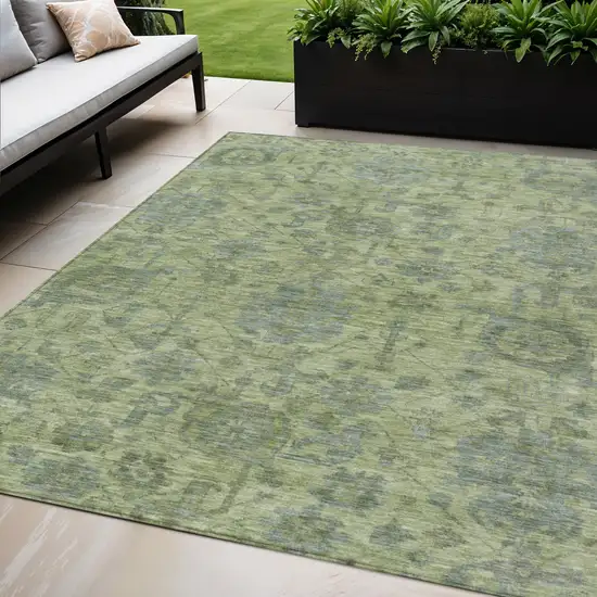 Artichoke Green And Gray Damask Washable Indoor Outdoor Area Rug Photo 1