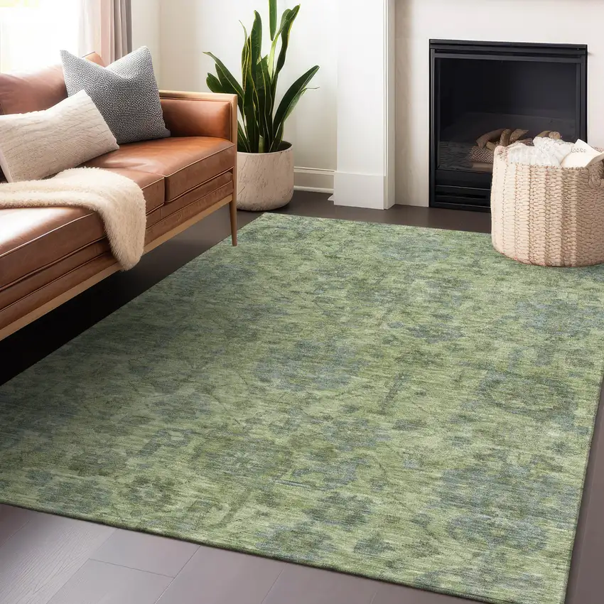 Artichoke Green And Gray Damask Washable Indoor Outdoor Area Rug Photo 8