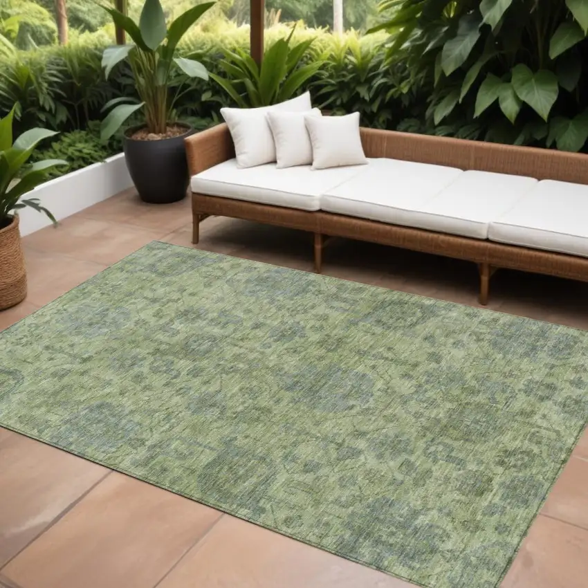 Artichoke Green And Gray Damask Washable Indoor Outdoor Area Rug Photo 1