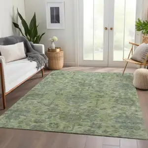 Photo of Artichoke Green And Gray Damask Washable Indoor Outdoor Area Rug