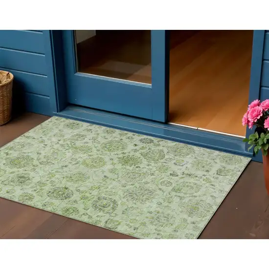 Artichoke Green And Gray Damask Washable Indoor Outdoor Area Rug Photo 2