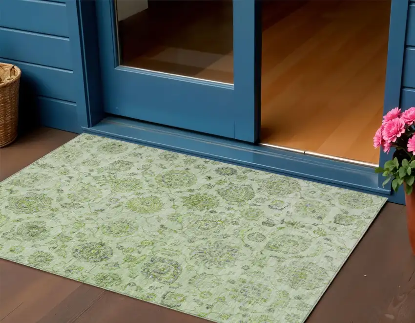 Artichoke Green And Gray Damask Washable Indoor Outdoor Area Rug Photo 2