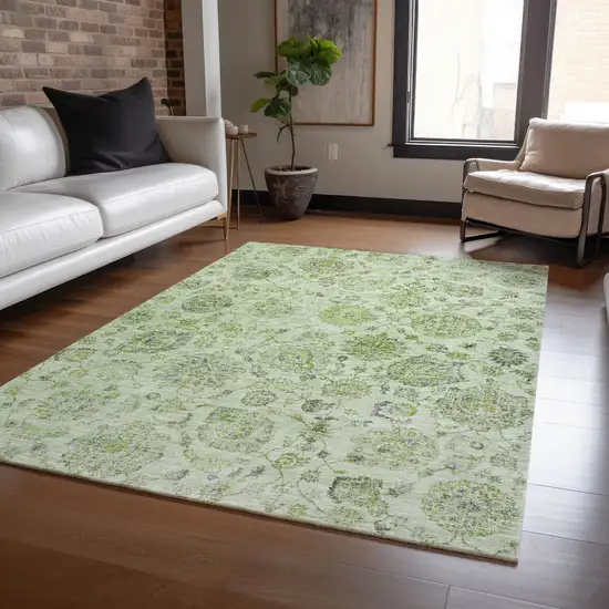 Artichoke Green And Gray Damask Washable Indoor Outdoor Area Rug Photo 6