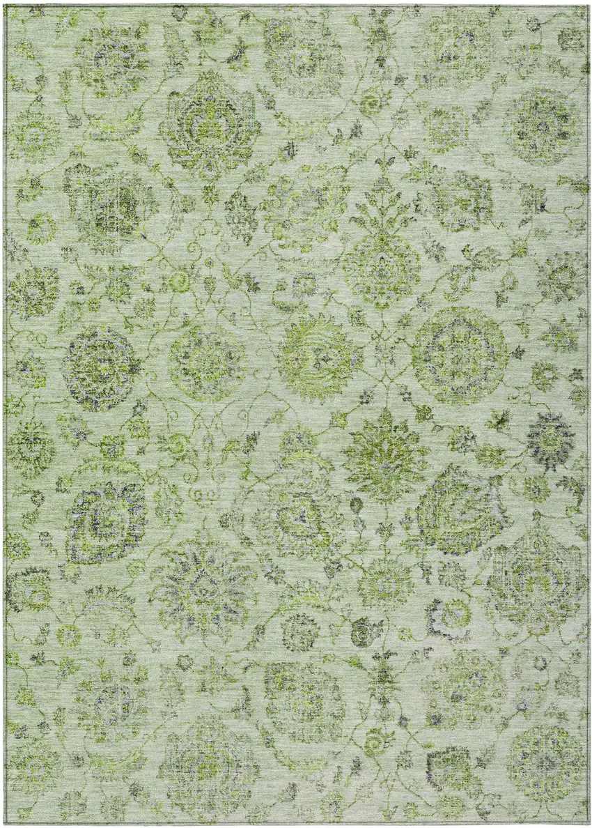 Artichoke Green And Gray Damask Washable Indoor Outdoor Area Rug Photo 1