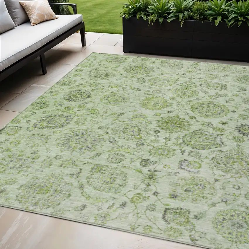 Artichoke Green And Gray Damask Washable Indoor Outdoor Area Rug Photo 2