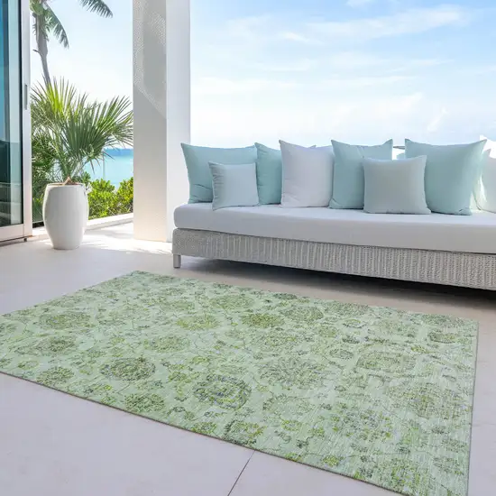 Artichoke Green And Gray Damask Washable Indoor Outdoor Area Rug Photo 5