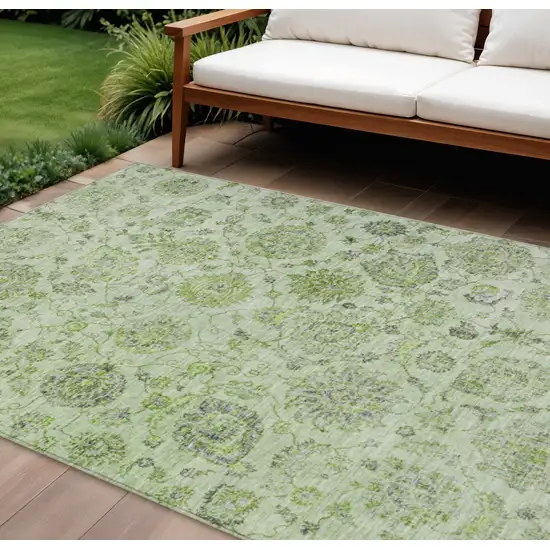 Artichoke Green And Gray Damask Washable Indoor Outdoor Area Rug Photo 2