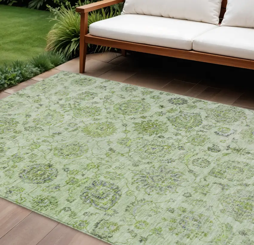 Artichoke Green And Gray Damask Washable Indoor Outdoor Area Rug Photo 2