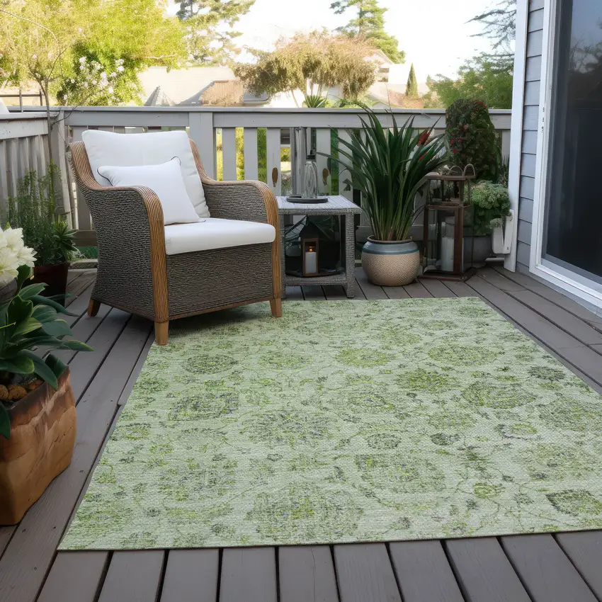Artichoke Green And Gray Damask Washable Indoor Outdoor Area Rug Photo 8