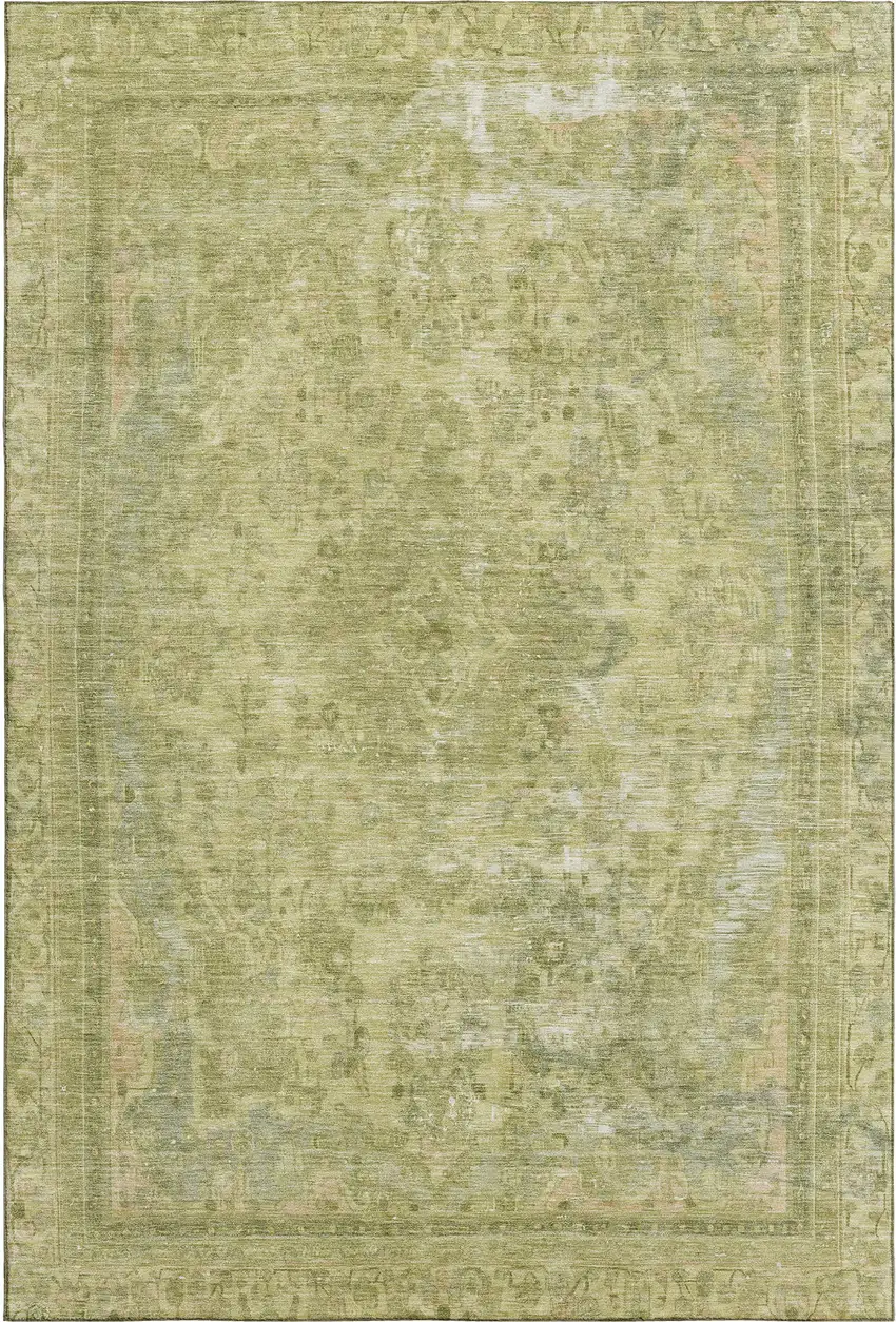 Artichoke Green And Gray Floral Medallion Washable Area Rug With UV Protection Photo 3