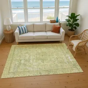Photo of Artichoke Green And Gray Floral Medallion Washable Area Rug With UV Protection
