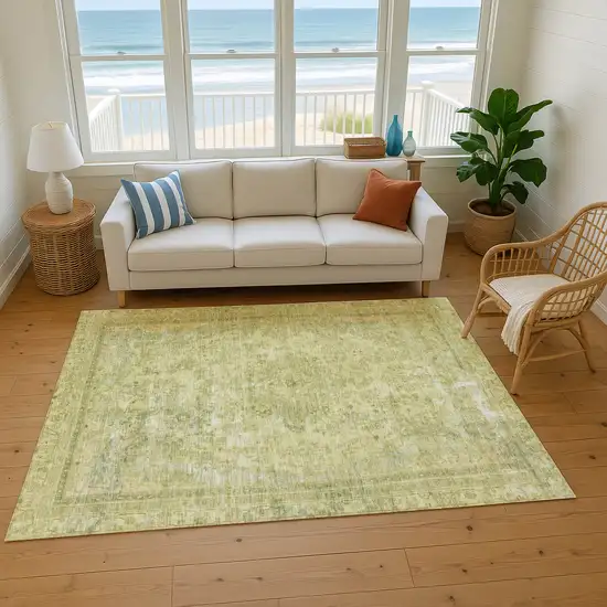 Artichoke Green And Gray Floral Medallion Washable Area Rug With UV Protection Photo 1
