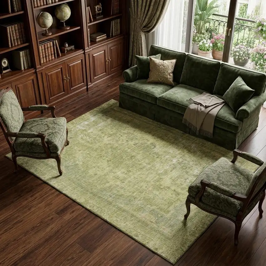 Artichoke Green And Gray Floral Medallion Washable Area Rug With UV Protection Photo 1