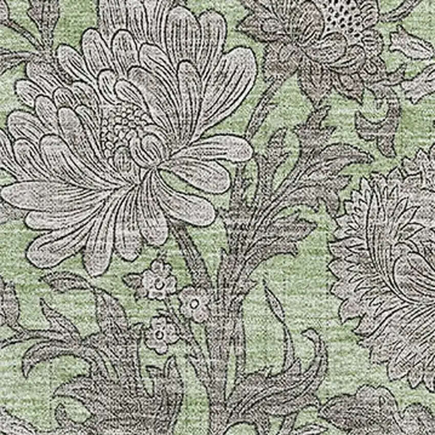 Artichoke Green And Gray Floral Washable Area Rug With UV Protection Photo 1