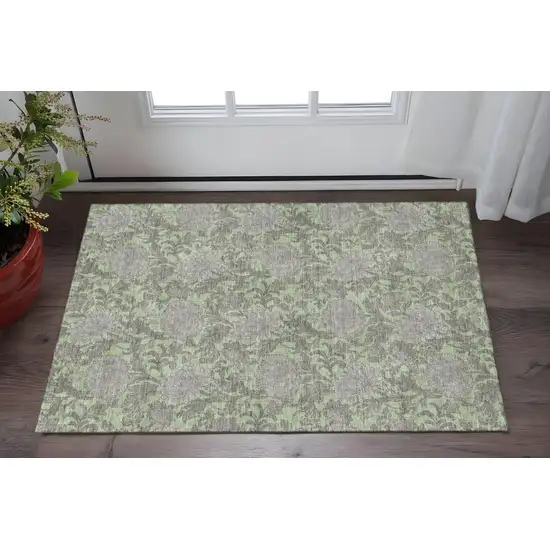 Artichoke Green And Gray Floral Washable Area Rug With UV Protection Photo 2