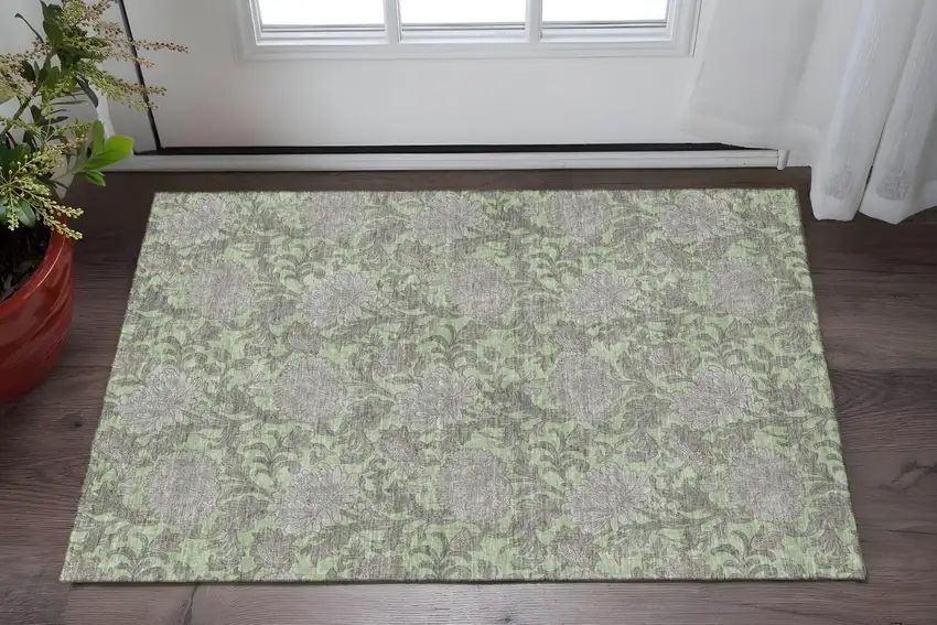 Artichoke Green And Gray Floral Washable Area Rug With UV Protection Photo 2