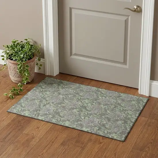 Artichoke Green And Gray Floral Washable Area Rug With UV Protection Photo 1