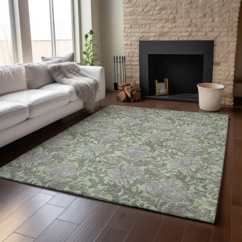Artichoke Green And Gray Floral Washable Area Rug With UV Protection Photo 4