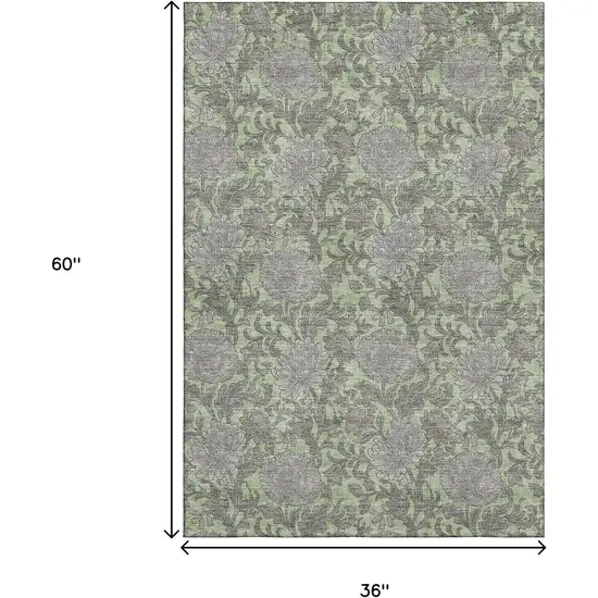 Artichoke Green And Gray Floral Washable Area Rug With UV Protection Photo 6