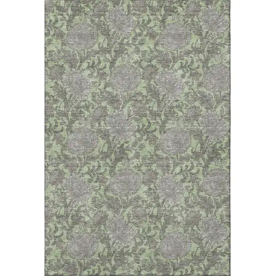 Artichoke Green And Gray Floral Washable Area Rug With UV Protection Photo 3