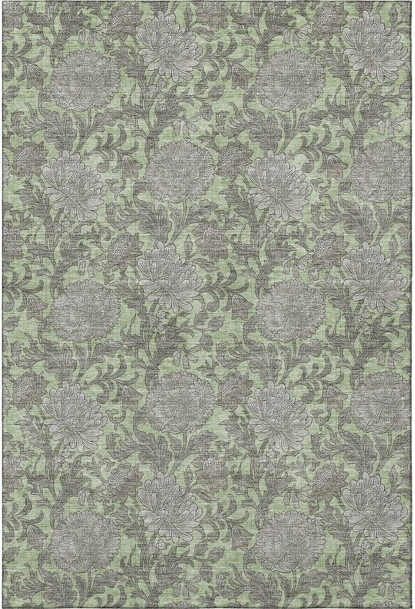 Artichoke Green And Gray Floral Washable Area Rug With UV Protection Photo 3