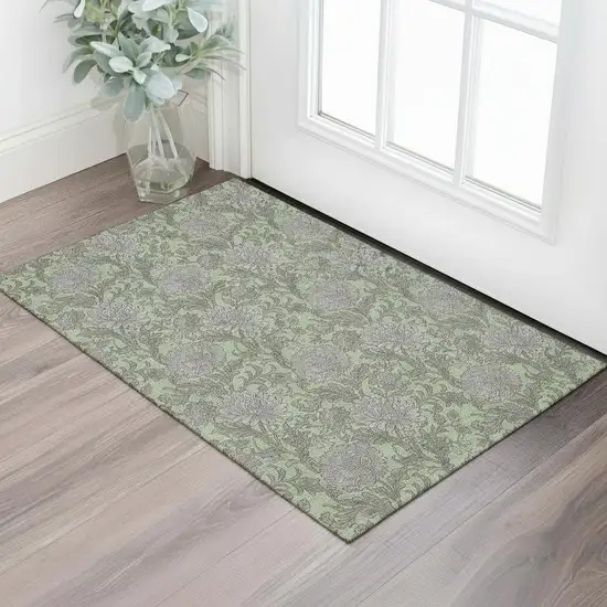 Artichoke Green And Gray Floral Washable Area Rug With UV Protection Photo 1