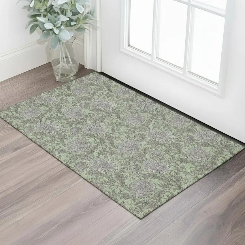 Artichoke Green And Gray Floral Washable Area Rug With UV Protection Photo 1