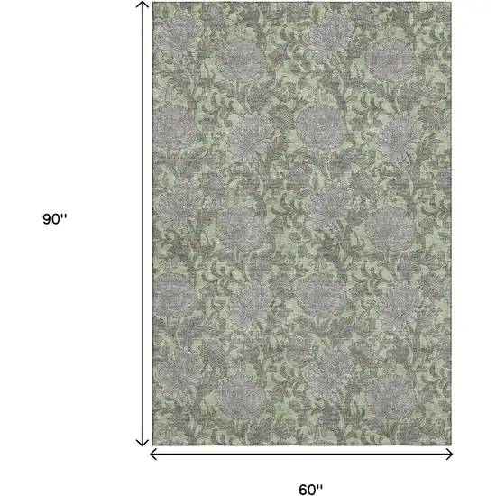 Artichoke Green And Gray Floral Washable Area Rug With UV Protection Photo 4