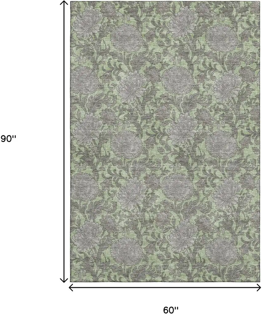 Artichoke Green And Gray Floral Washable Area Rug With UV Protection Photo 4