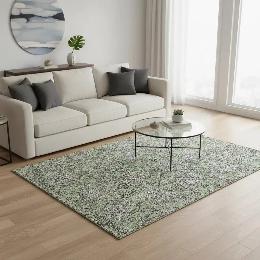 Artichoke Green And Gray Floral Washable Area Rug With UV Protection Photo 3