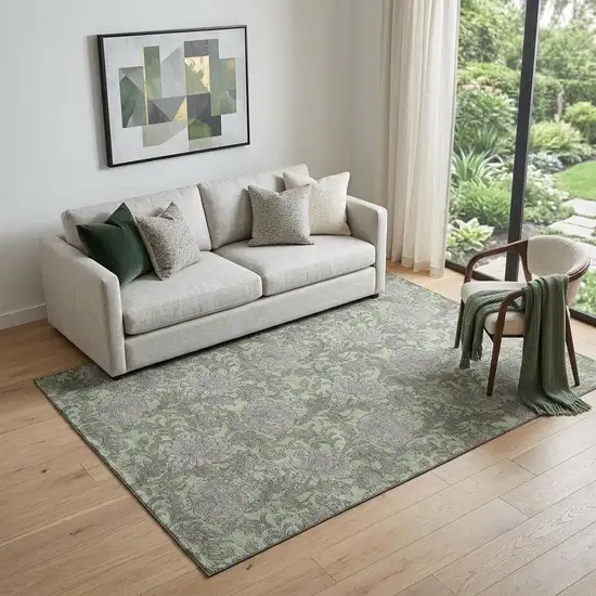 Artichoke Green And Gray Floral Washable Area Rug With UV Protection Photo 1